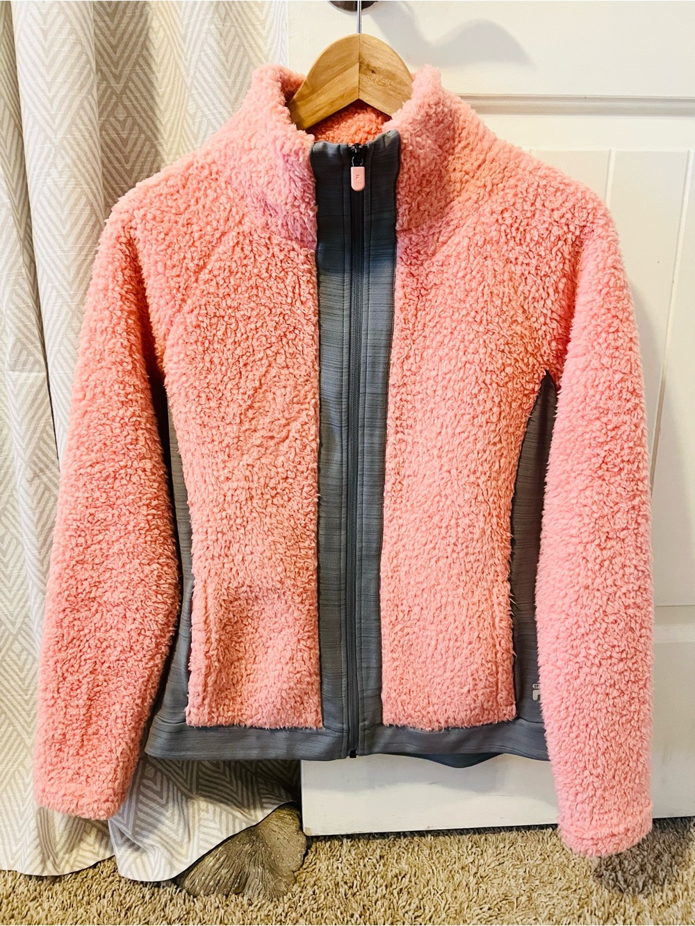 FILA Women's Coral Pink Sherpa Zip-Up Jacket with Grey Accents Small